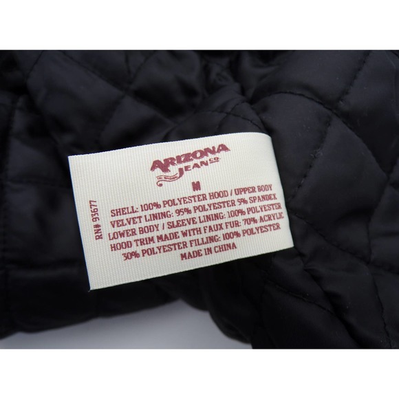 Arizona Jeans Co. Womens Black Jacket Faux Fur Hood Quilt Lining Rain Slick Med - Picture 10 of 11